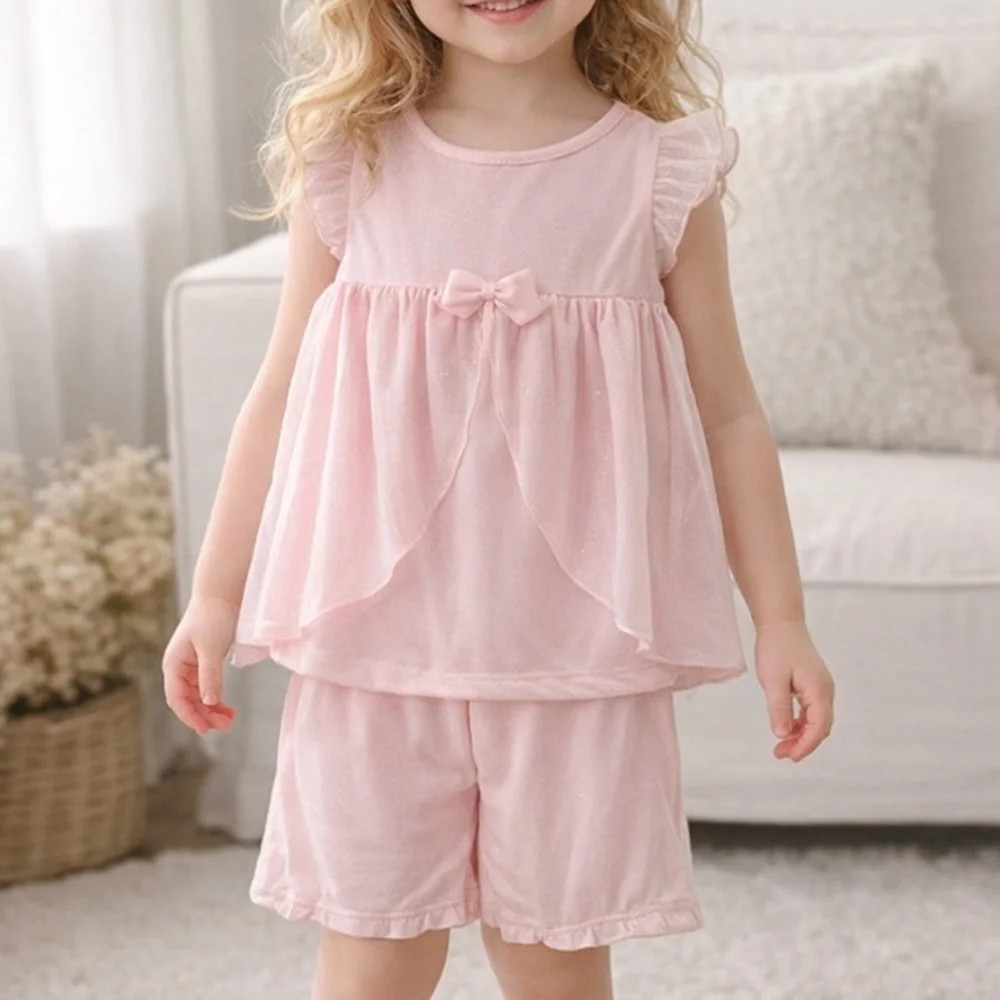 Carter’s Sleepwear Girls 3 Pc Pink Ruffled Sparkle Top, Pants, Shorts Set NWT
